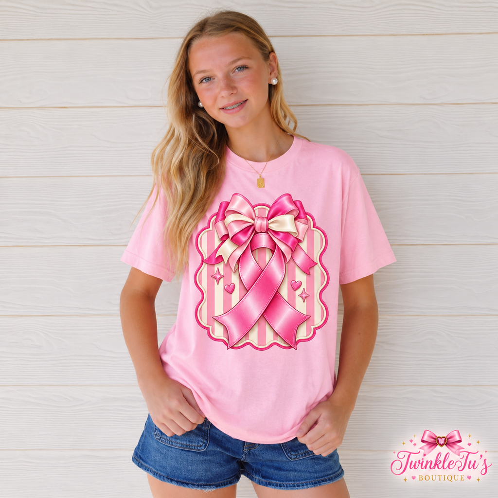 Pink Ribbon & Bow Breast Cancer Awareness Graphic Tee