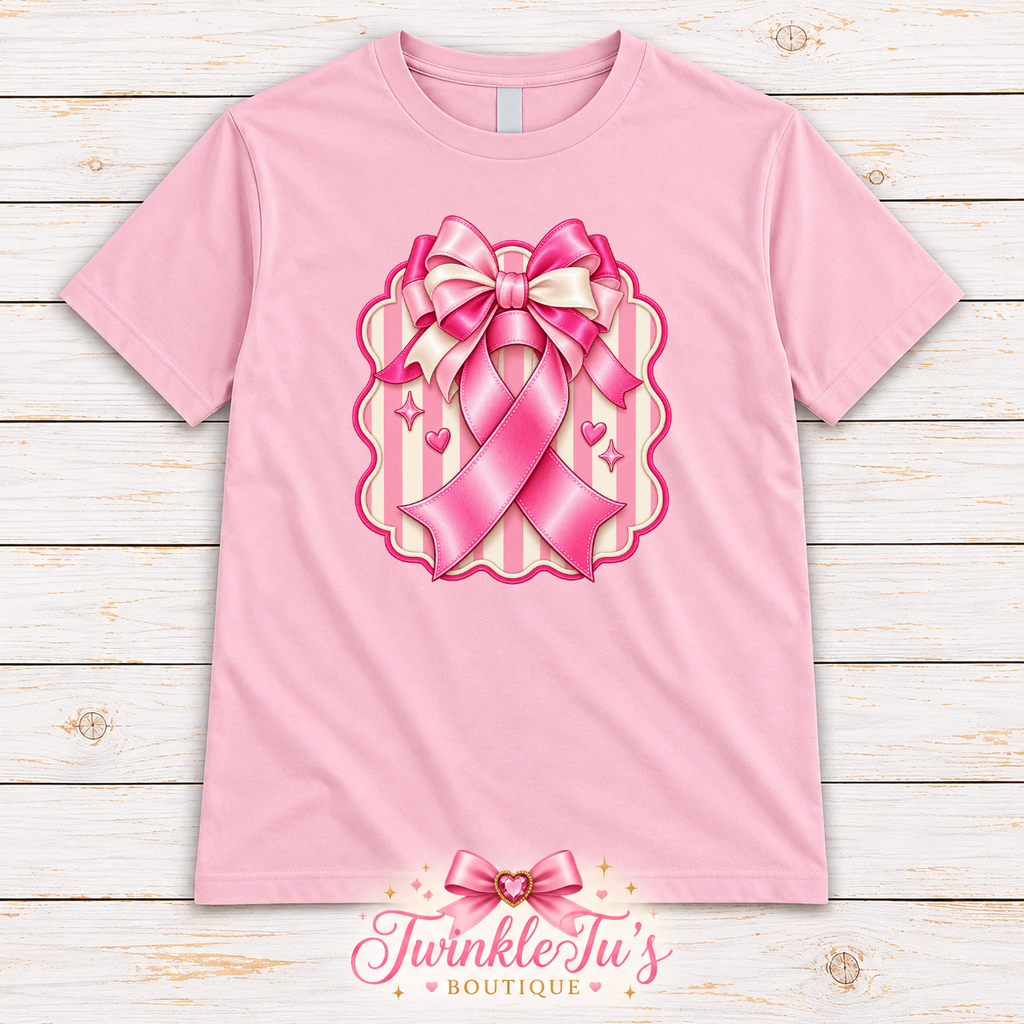 Pink Ribbon & Bow Breast Cancer Awareness Graphic Tee