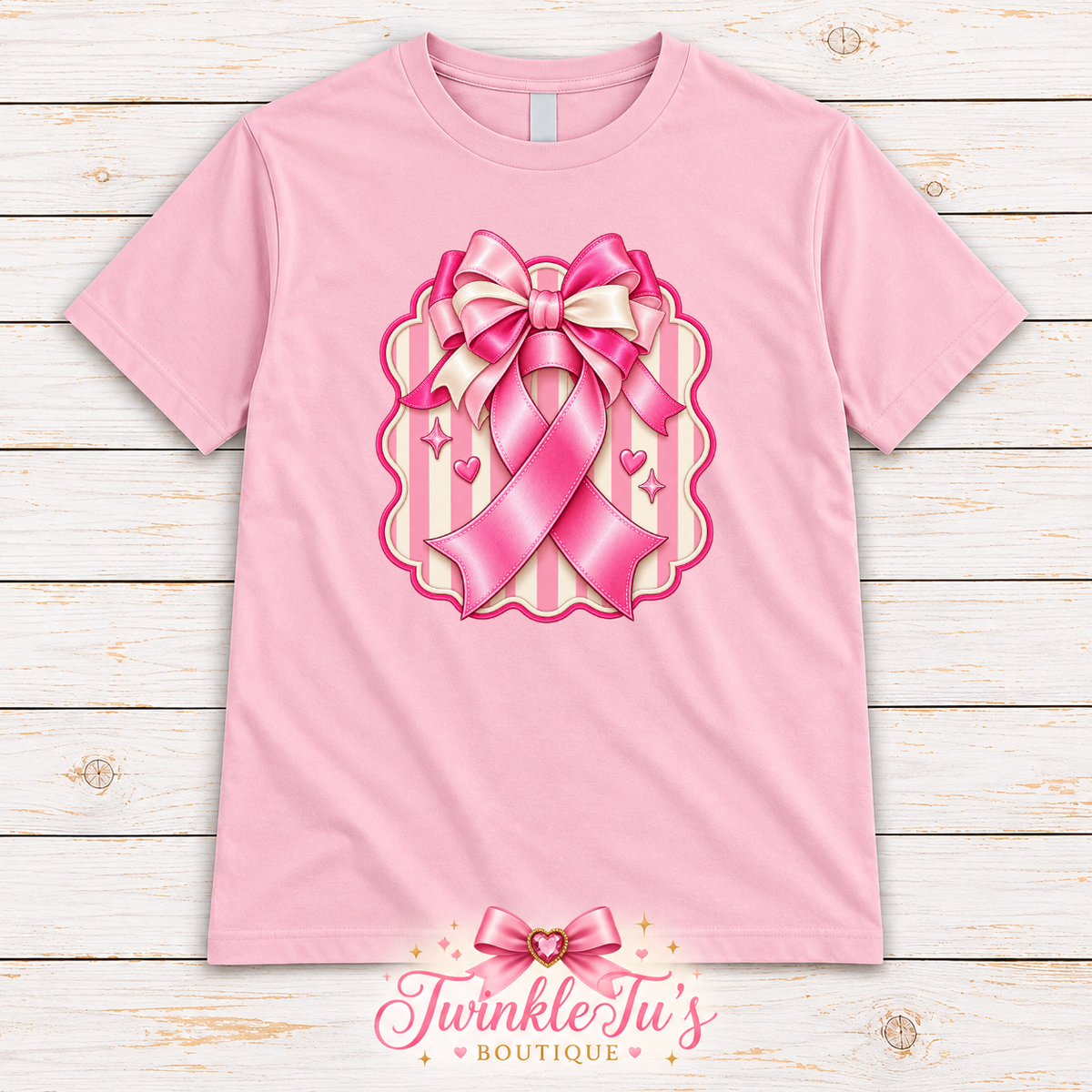Pink Ribbon & Bow Breast Cancer Awareness Graphic Tee
