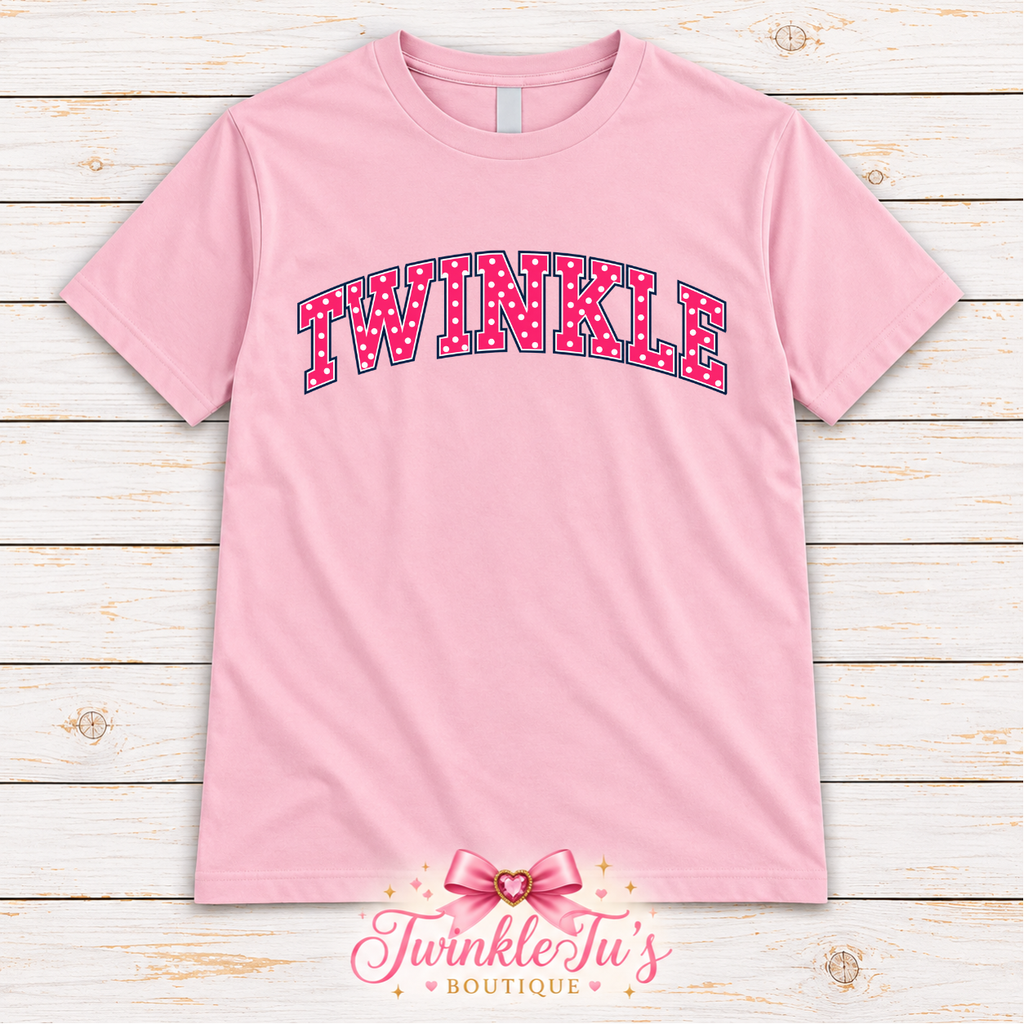 TWINKLE Pink Polka Dot Varsity Graphic Tee | Boutique Collegiate Shirt