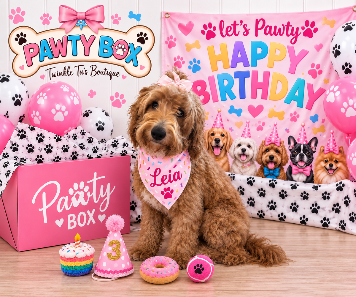 Personalized Dog Birthday Pawty Box | Complete Dog Birthday Party Kit with Bandanna, Hat, Toys & Decorations