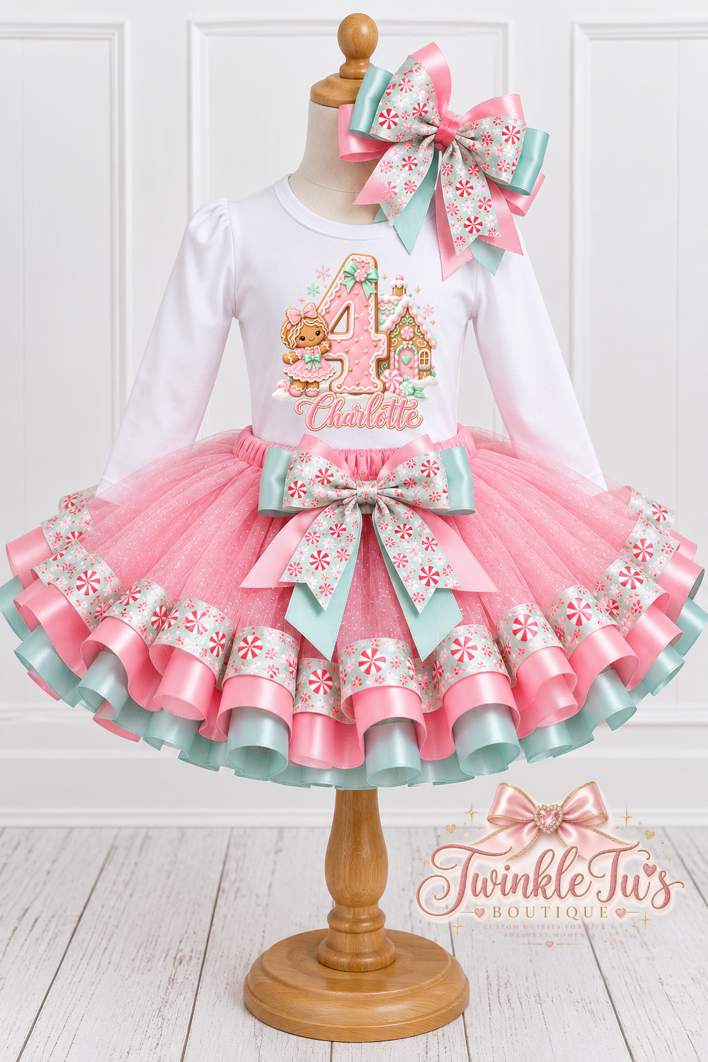 Peppermint Lane Girls Birthday Outfit | Pastel Gingerbread Christmas Tutu Set | Personalized Birthday Shirt & Cake Smash Options