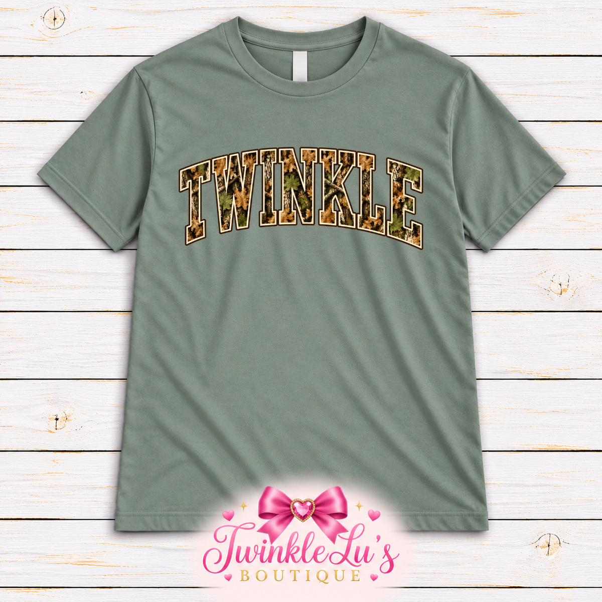 TWINKLE Camo Varsity Graphic Tee | Sage Green Boutique Shirt