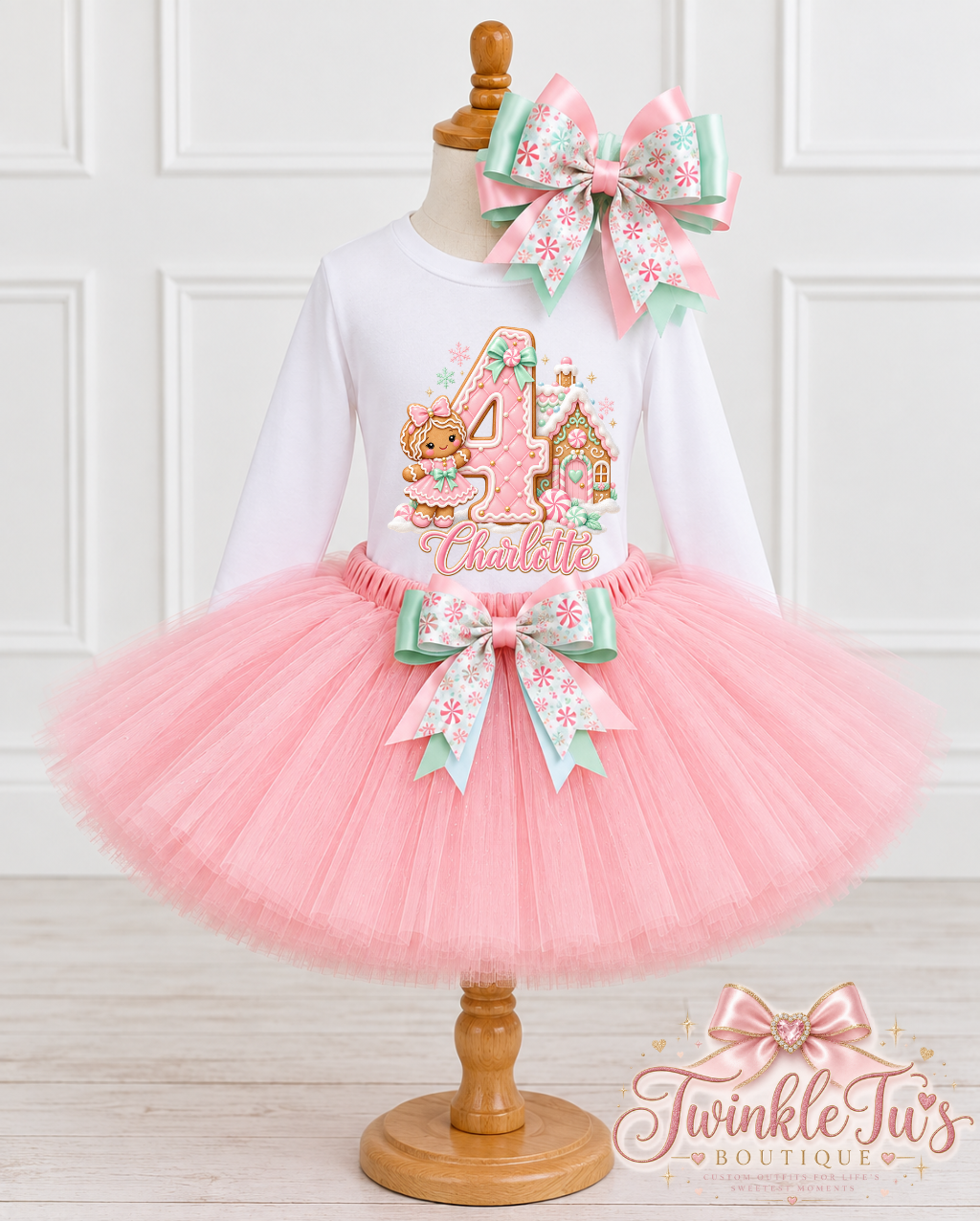 Peppermint Lane Girls Birthday Outfit | Pastel Gingerbread Christmas Tutu Set | Personalized Birthday Shirt & Cake Smash Options
