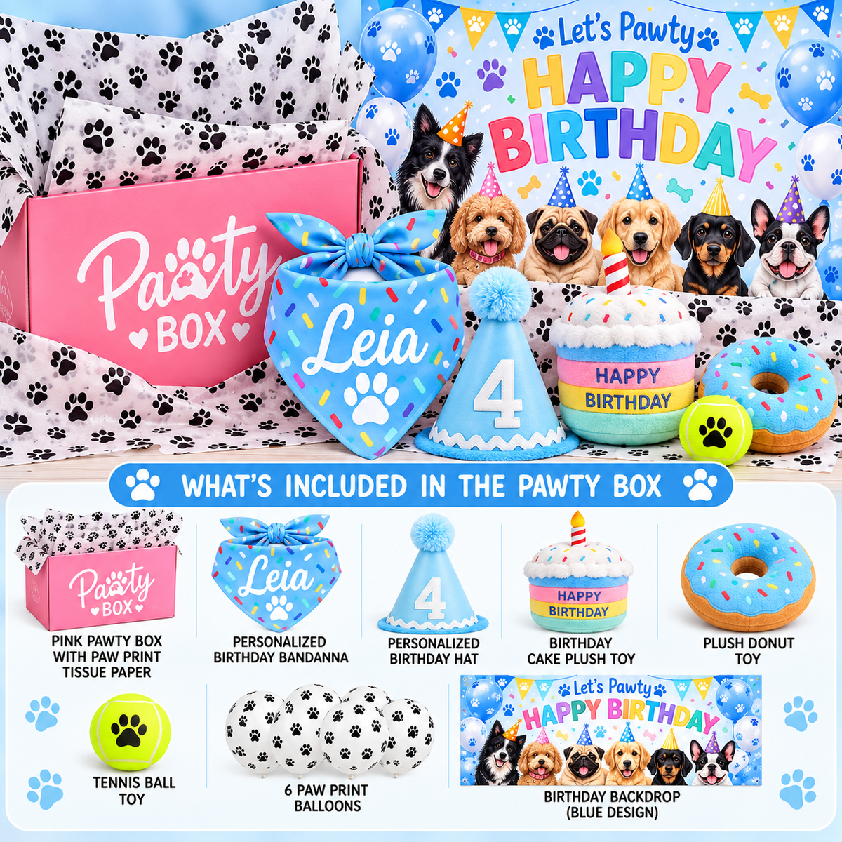 Personalized Dog Birthday Pawty Box | Complete Dog Birthday Party Kit with Bandanna, Hat, Toys & Decorations