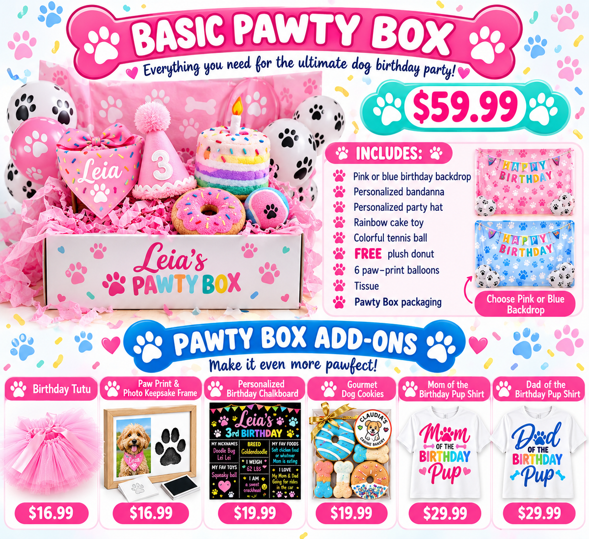 Personalized Dog Birthday Pawty Box | Complete Dog Birthday Party Kit with Bandanna, Hat, Toys & Decorations