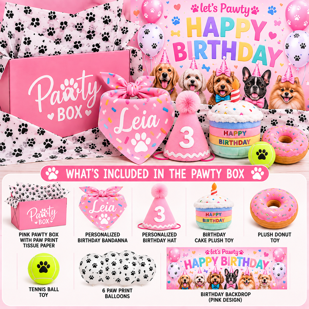 Personalized Dog Birthday Pawty Box | Complete Dog Birthday Party Kit with Bandanna, Hat, Toys & Decorations