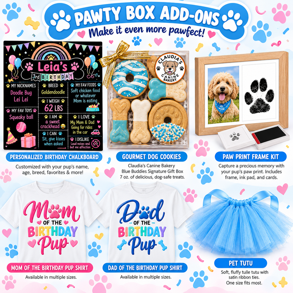 Personalized Dog Birthday Pawty Box | Complete Dog Birthday Party Kit with Bandanna, Hat, Toys & Decorations