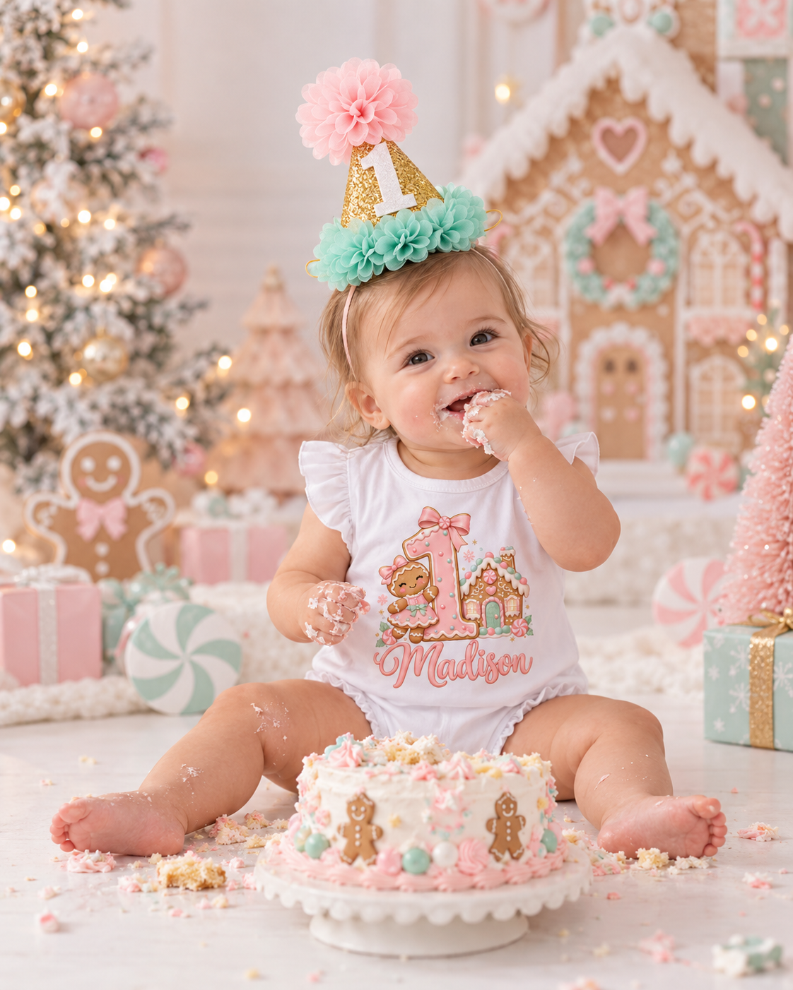Peppermint Lane Girls Birthday Outfit | Pastel Gingerbread Christmas Tutu Set | Personalized Birthday Shirt & Cake Smash Options