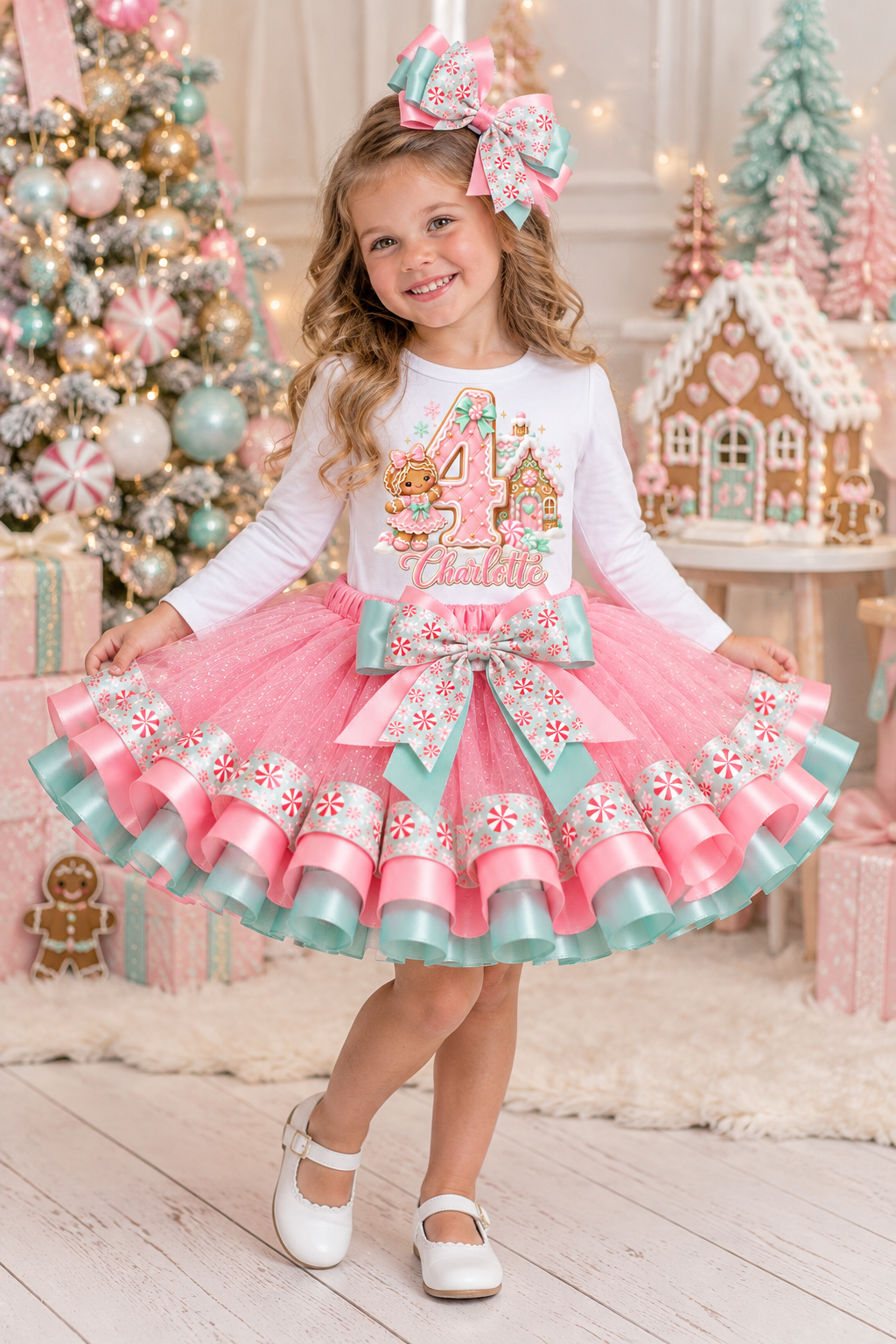 Peppermint Lane Girls Birthday Outfit | Pastel Gingerbread Christmas Tutu Set | Personalized Birthday Shirt & Cake Smash Options