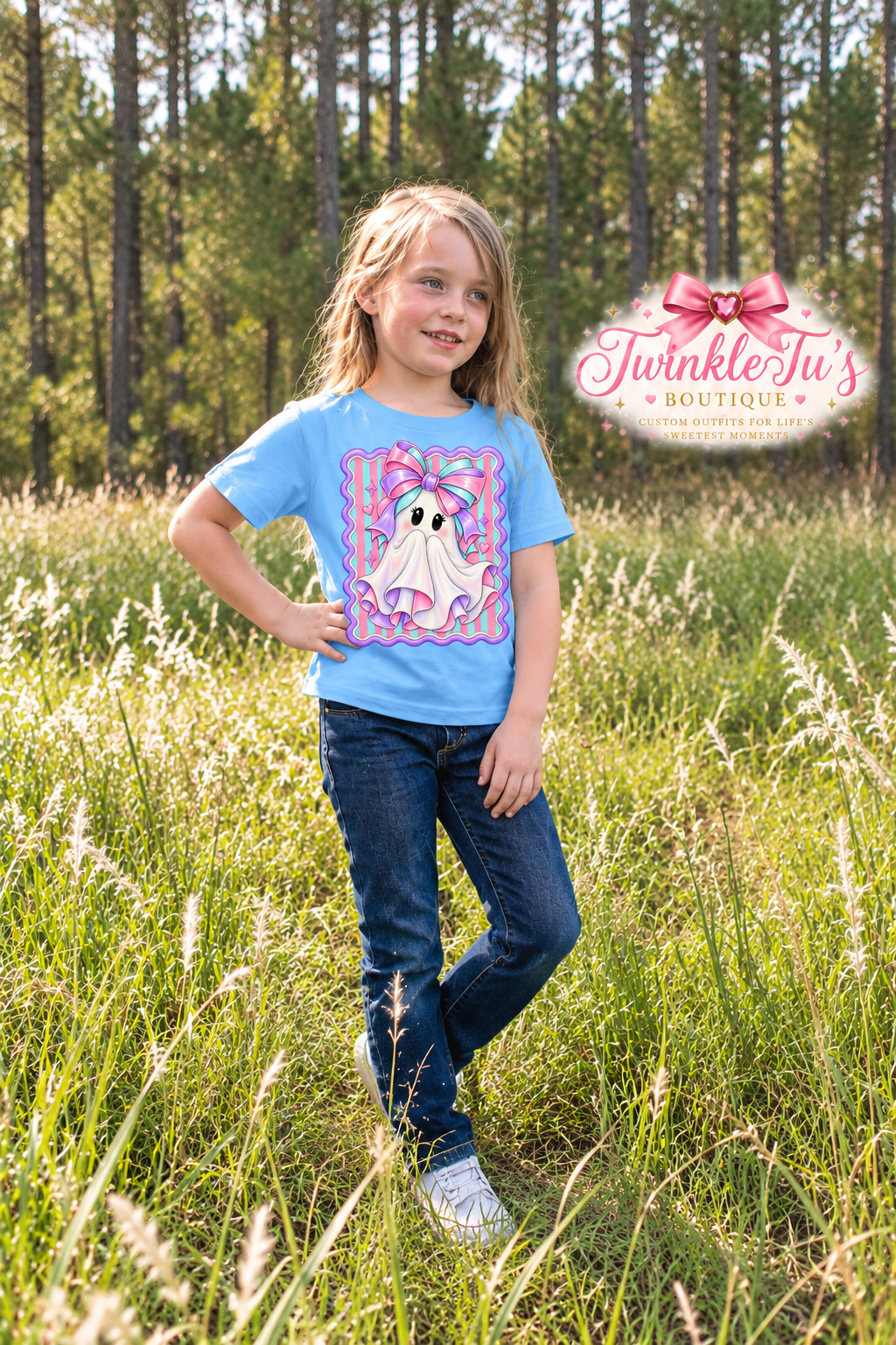 Pastel Bow Ghost Halloween Graphic Tee | Girls & Teens