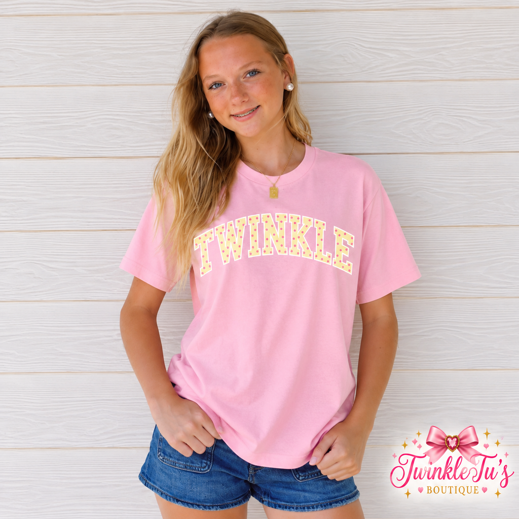 TWINKLE Pink Polka Dot Varsity Graphic Tee | Preppy Boutique Shirt